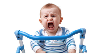 A baby crying while sitting in a walker