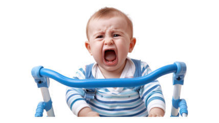 A baby crying while sitting in a walker