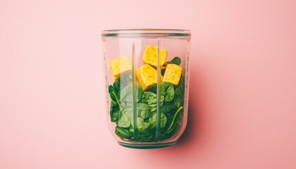 Pink background, blender, mango, spinach, smoothie recipe, food photography, healthy eating, preparation