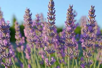 Fototapeta premium Lavender flowers blooming in a field, creating a beautiful purple landscape under a clear blue, spring background