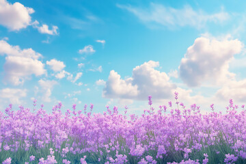 Fototapeta premium Purple lavender flowers growing in a field under a bright blue sky with fluffy white clouds, creating a serene and beautiful natural landscape