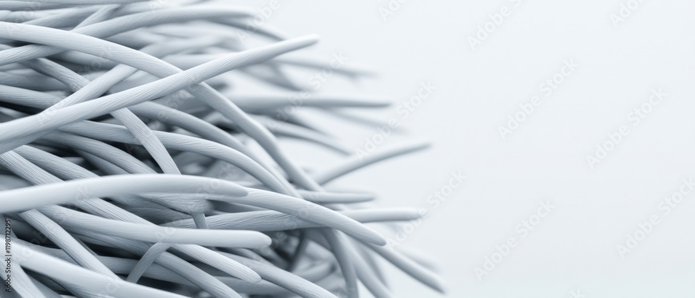 Poster close-up of white abstract fibers or strings on a white background