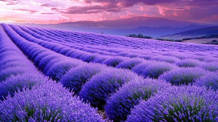 Obraz premium A tranquil field of lavender flowers with a scenic mountain backdrop.