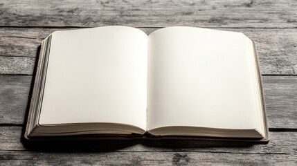 Fototapeta premium A book is open to a blank page. The book is on a wooden table
