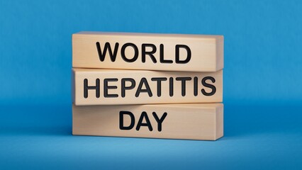 Obraz premium World Hepatitis Day symbol. Concept words World Hepatitis Day on wooden blocks. Healthcare and World Hepatitis Day concept. Copy space.3D rendering on blue background.