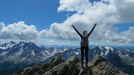 Obraz premium Woman celebrating on a mountain looking up to the sky. Letting go of all your mental fears. Hope, mental strength concept.