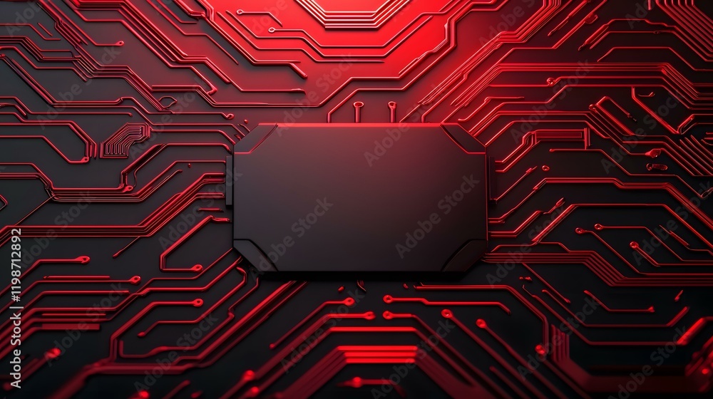 Poster the image shows a dark-colored circuit board with red illuminated circuitry, featuring a central, bl