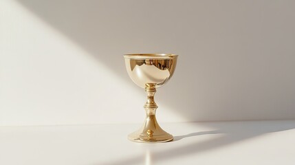 A gold cup sits on a white table, reflecting the sunlight. The cup is the center of attention, and the light shining on it creates a warm and inviting atmosphere