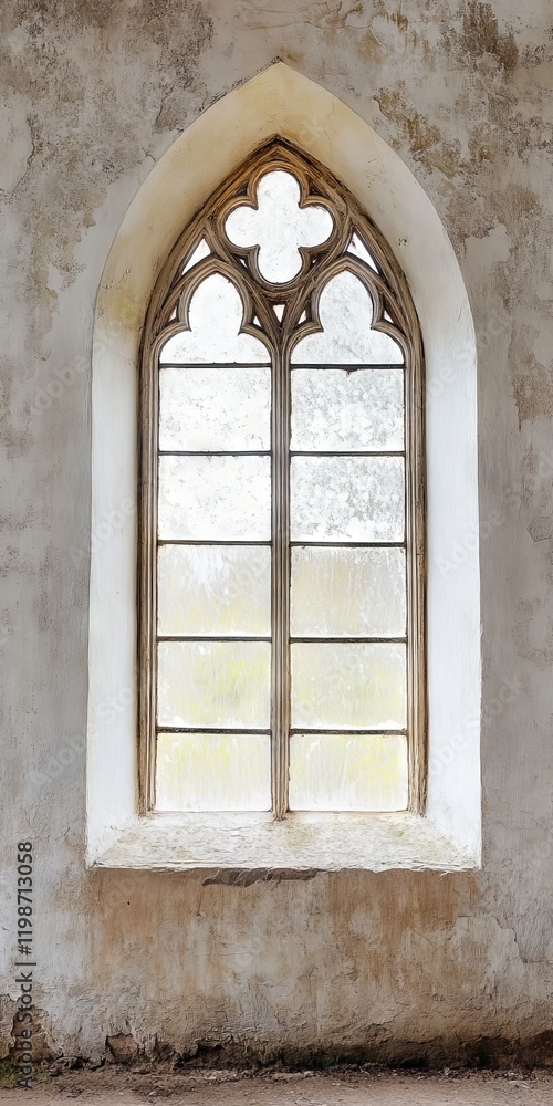 Poster a window with a stone arch and a stained glass window. the window is open and the light is shining t