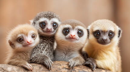 Adorable Baby Lemurs: Four baby lemurs with endearingly large eyes and fluffy fur huddle together, their expressions capturing innocent curiosity and playful charm.