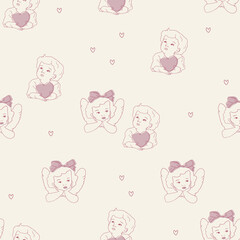 Flirtatious pattern. Hand drawn whimsical cupids background. Whimsical Valentines day line art illustrations.