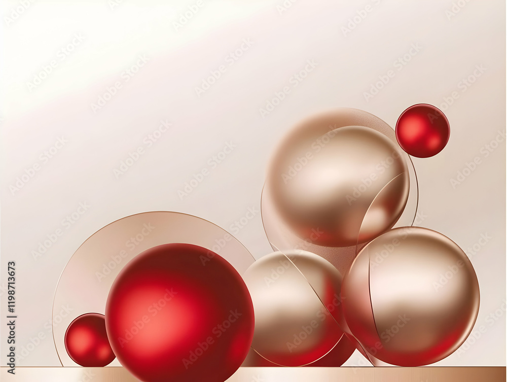Poster 3d illustration: red and gold spheres create a modern abstract background with dynamic composition.