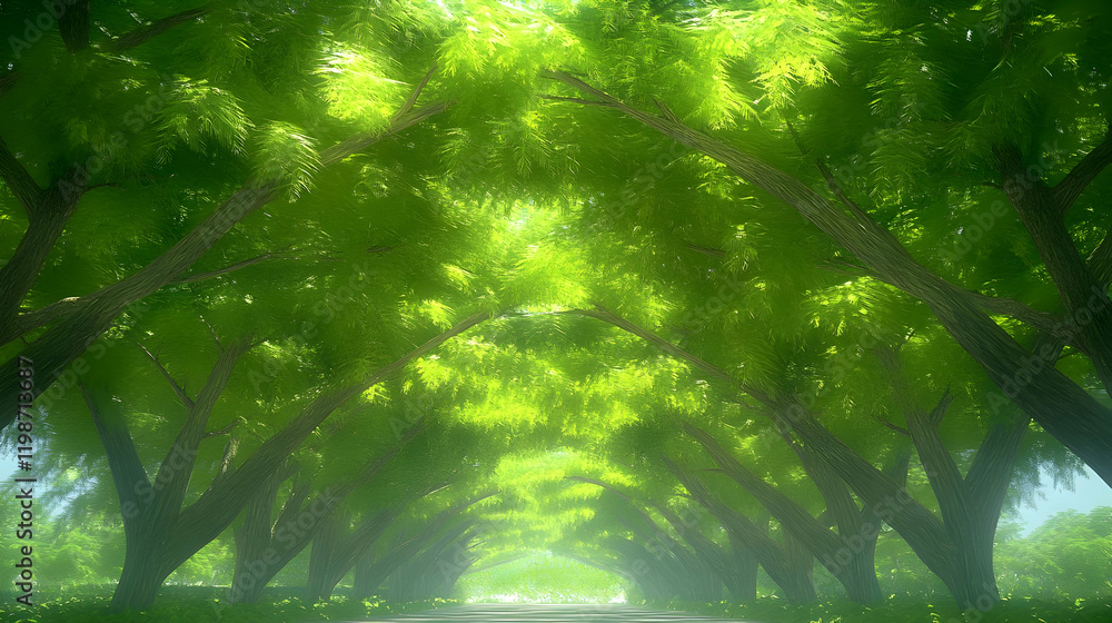 Poster green trees form a canopy over a path in a surreal forest setting