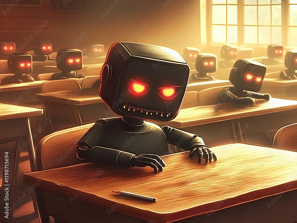 Poster angry robot student sits at desk in classroom with other robot students, ready for lesson