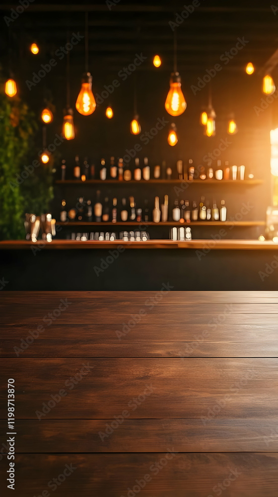 Poster empty wooden table top with blurred bar background creates a cozy and inviting atmosphere.
