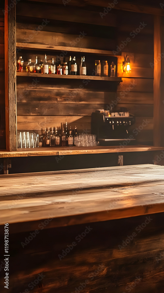 Poster empty wooden bar counter in rustic pub with shelves of bottles and a coffee machine