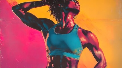 A 1980s fitness magazine cover design with bold fonts, energetic poses, and bright neon colors