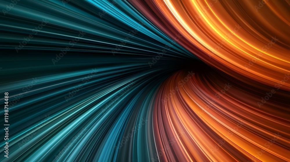 Poster the image contains an abstract design of teal and orange streaks of light converging into a central 