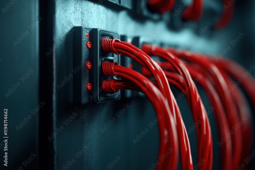 Poster close up of red network cables plugged into a server