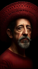Fototapeta premium Portrait of a Mature Man Wearing a Red Hat and Shirt Against a Dark Background