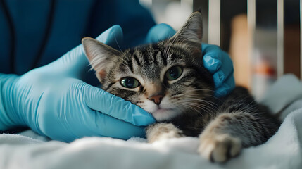 A cat is being treated at a veterinary clinic.