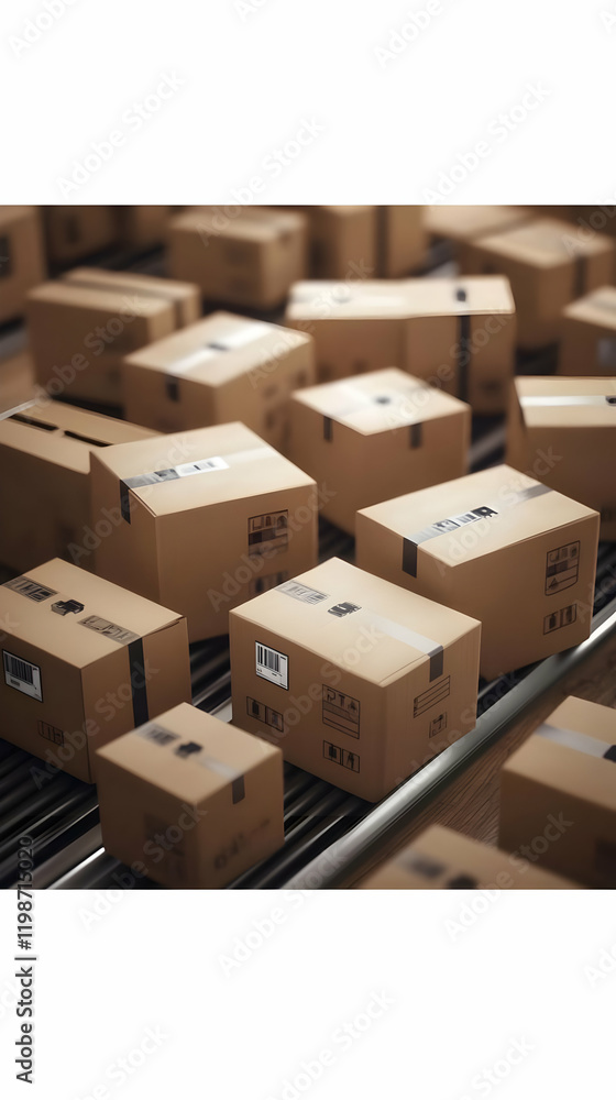Poster cardboard boxes move on conveyor belt in warehouse efficiently and smoothly for distribution