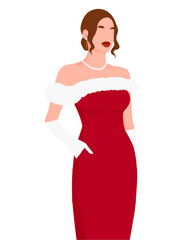 Minimalist Illustration of a Woman in a Red Dress, Celebrating Christmas with a Festive and Elegant Look