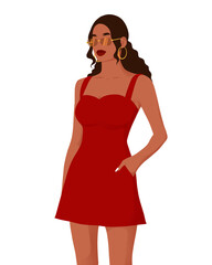 Minimalist Illustration of a Stylish African American Woman in a Red Dress Wearing Trendy Glasses, Showcasing Modern Fashion and Elegance