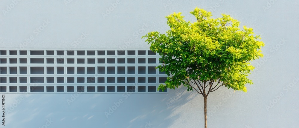 Poster small tree growing in front of a white wall with a grid pattern