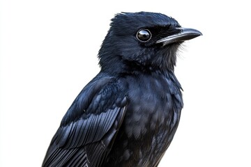 Fototapeta premium Detailed close-up of a black drongo bird showcasing its glossy feathers and sharp gaze against a white backdrop.
