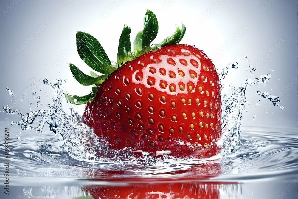 Poster ripe red strawberry splashes into clear water, creating refreshing ripples and droplets dynamically.