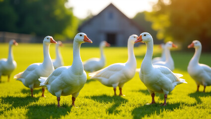 Obraz premium Geese Grazing in the Field
