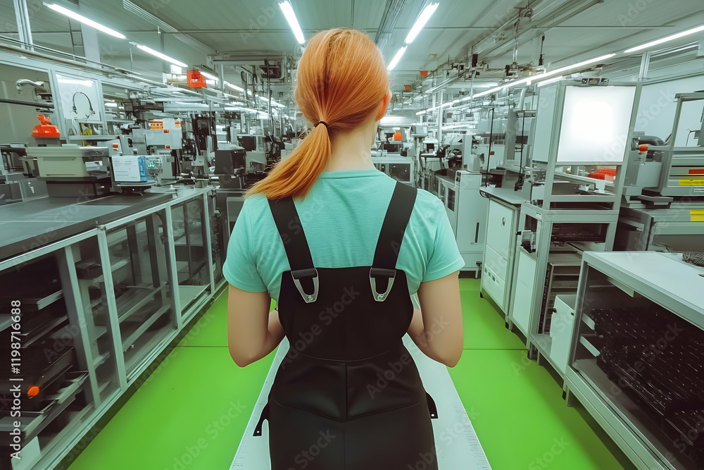 Poster engineer oversees production line in modern factory with advanced machinery efficiently and precisel