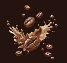 Coffee beans on water splashes on drank background Vector illustration