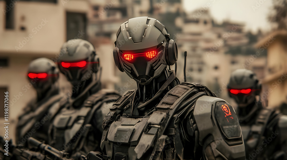 Aufkleber futuristic military robots stand guard in urban setting with red eyes glowing intensely.