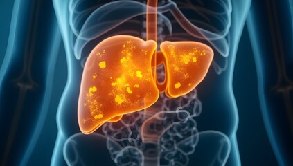 Damaged liver with scarring and chronic disease focus. AI-generated.	