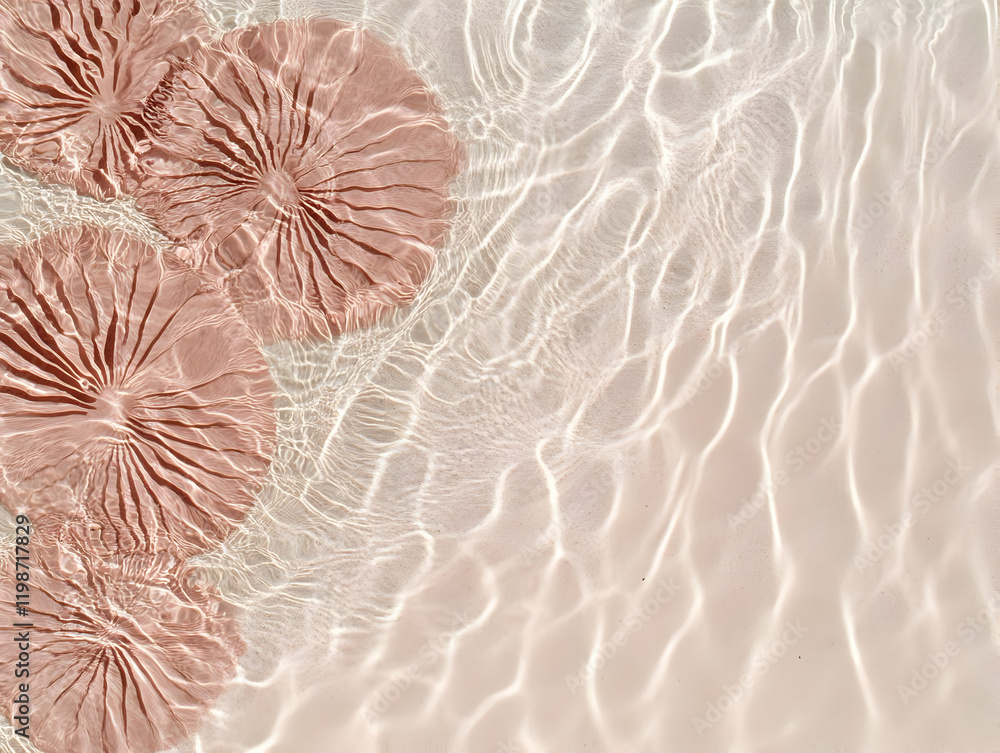 Aufkleber pink circular objects submerged in water with ripples and sunlight creates a serene abstract backgro