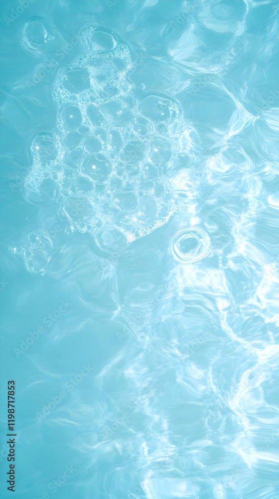 Poster close-up photo of foam bubbles floating creates interesting textures and patterns on turquoise water