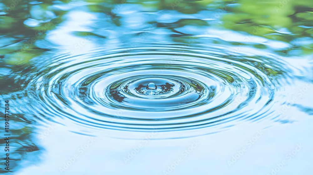 Poster close-up of water drop creating ripples in calm water with blurred green reflection.