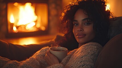 Cozy evening by the fireplace with a woman enjoying a warm drink, surrounded by a relaxing atmosphere