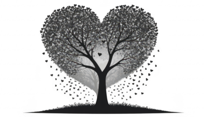 A silhouette of a tree with heart-shaped leaves gently falling, creating a carpet of love beneath, with a soft misty morning light in the background, on a white transparent background PN