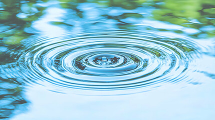 Close-up of Water Drop Creating Ripples in Calm Water with Blurred Green Reflection.