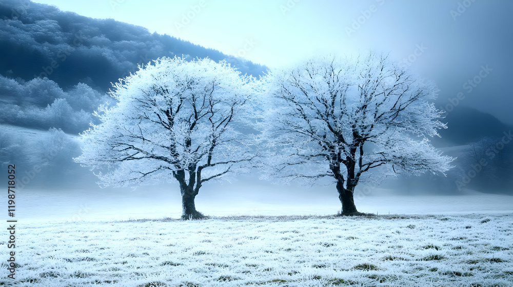 Poster two frost-covered trees stand in a snowy field with a misty mountain backdrop