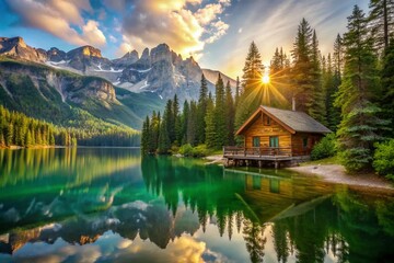 Fototapeta premium Secluded Cabin Retreat on Emerald Lake - Stunning Nature Photography