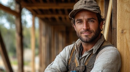 Skilled construction worker smiling confidently at a building site, surrounded by wooden framework