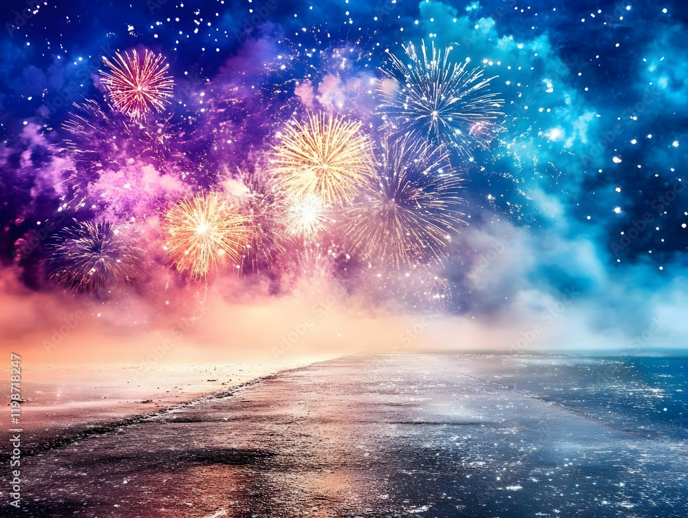 Poster fireworks explode over a frozen lake with colorful lights and smoke, creating a festive winter scene
