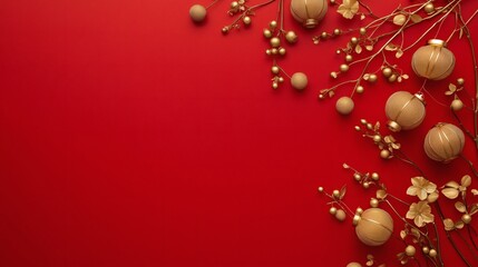 Festive Chinese New Year Background with Golden Ornaments and Red Florals