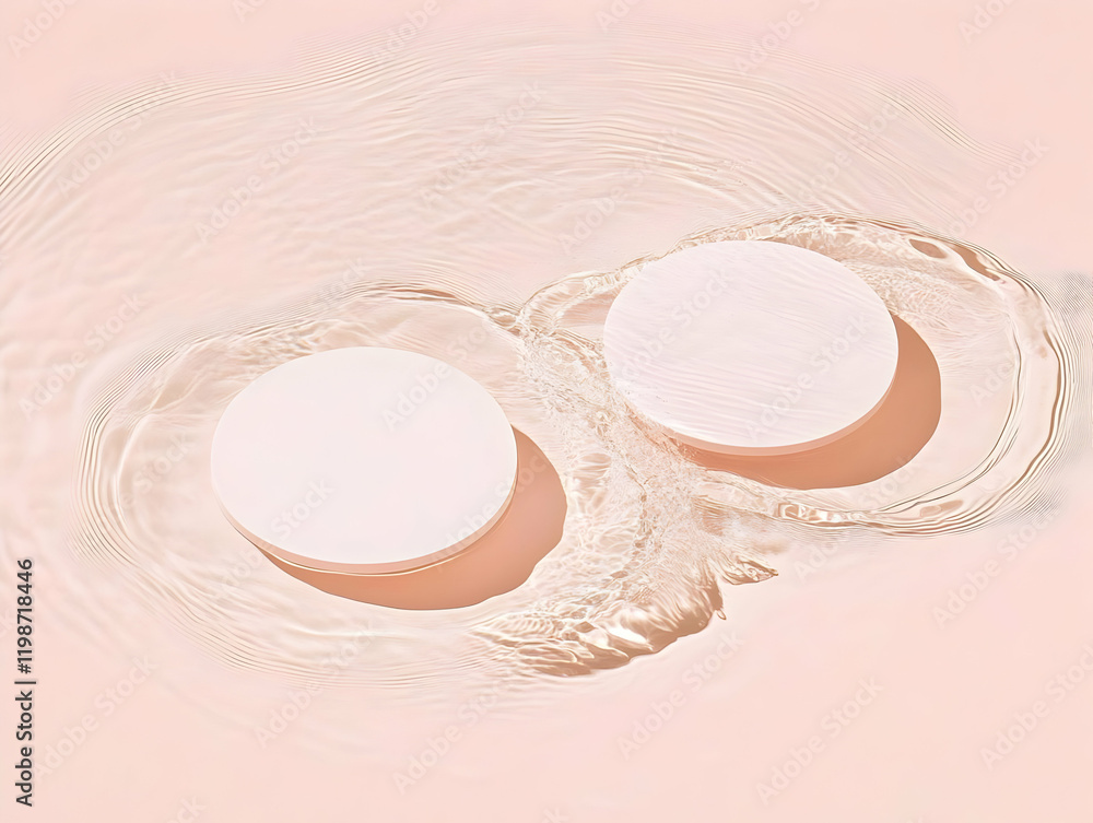 Poster two round podiums floating on rippled water with a soft pink background for product display