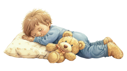 A heartwarming scene of a child peacefully hugging a teddy bear while sleeping showcasing innocence and comfort