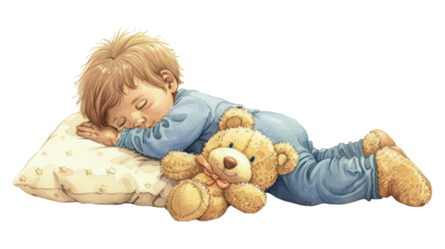 A heartwarming scene of a child peacefully hugging a teddy bear while sleeping showcasing innocence and comfort